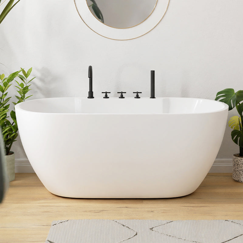 White Oval Bathtub with Drain Acrylic Soaking Freestanding Tub Tub with Black 5-Piece Set Clearhalo 'Bathroom Remodel & Bathroom Fixtures' 'Bathtubs' 'Home Improvement' 'home_improvement' 'home_improvement_bathtubs' 'Showers & Bathtubs' 6548370