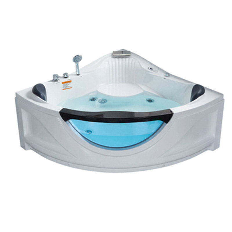 Contemporary Acrylic Corner Bath Tub White Tub with Internal Drain Massage & Thermostat Tub with Silver 5-Piece Set Clearhalo 'Bathroom Remodel & Bathroom Fixtures' 'Bathtubs' 'Home Improvement' 'home_improvement' 'home_improvement_bathtubs' 'Showers & Bathtubs' 6548502