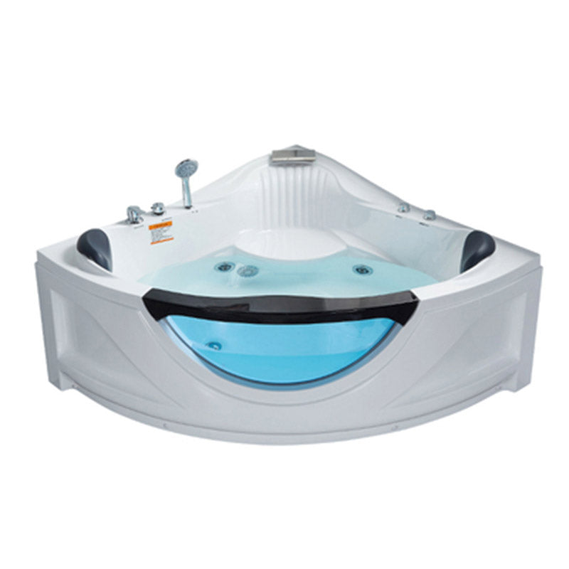 Contemporary Acrylic Corner Bath Tub White Tub with Internal Drain 59"L x 59"W x 24"H Massage Tub with Silver 5-Piece Set Clearhalo 'Bathroom Remodel & Bathroom Fixtures' 'Bathtubs' 'Home Improvement' 'home_improvement' 'home_improvement_bathtubs' 'Showers & Bathtubs' 6548506