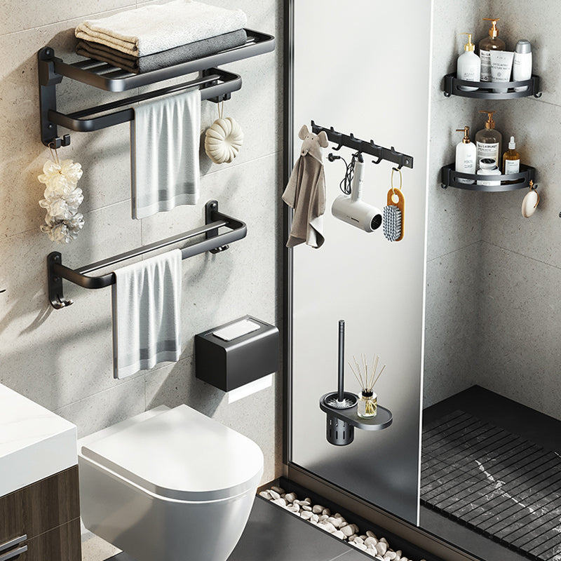 Contemporary Black Finish Bathroom Accessory Set with Bath Shelf/Towel Bar Clearhalo 'Bathroom Hardware Sets' 'Bathroom Hardware' 'Bathroom Remodel & Bathroom Fixtures' 'bathroom_hardware_sets' 'Home Improvement' 'home_improvement' 'home_improvement_bathroom_hardware_sets' 6550682