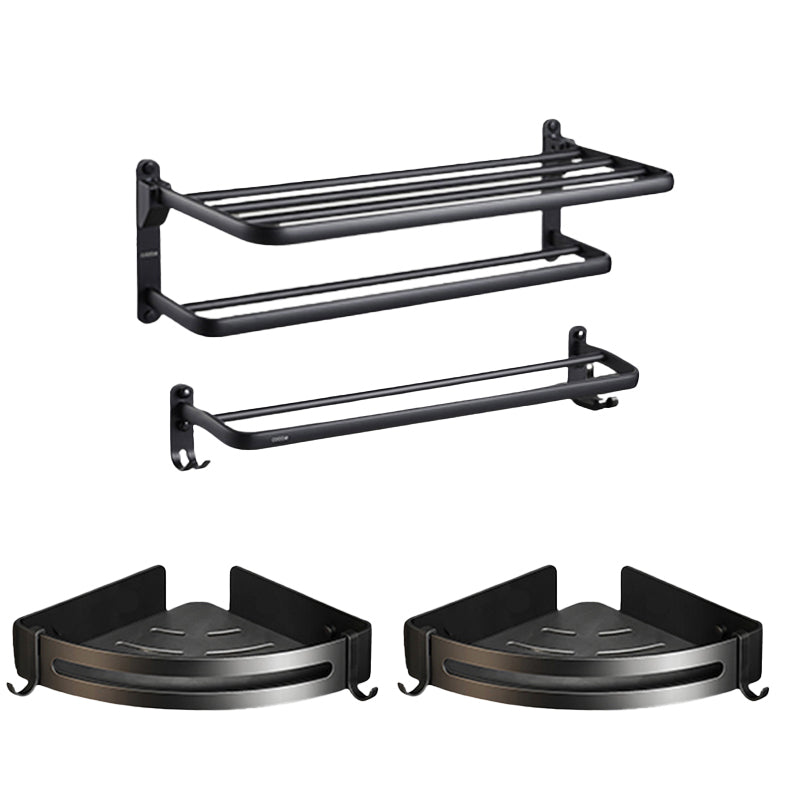 Contemporary Black Finish Bathroom Accessory Set with Bath Shelf/Towel Bar Horizontal 4-Piece (Towel Bar) Clearhalo 'Bathroom Hardware Sets' 'Bathroom Hardware' 'Bathroom Remodel & Bathroom Fixtures' 'bathroom_hardware_sets' 'Home Improvement' 'home_improvement' 'home_improvement_bathroom_hardware_sets' 6550694