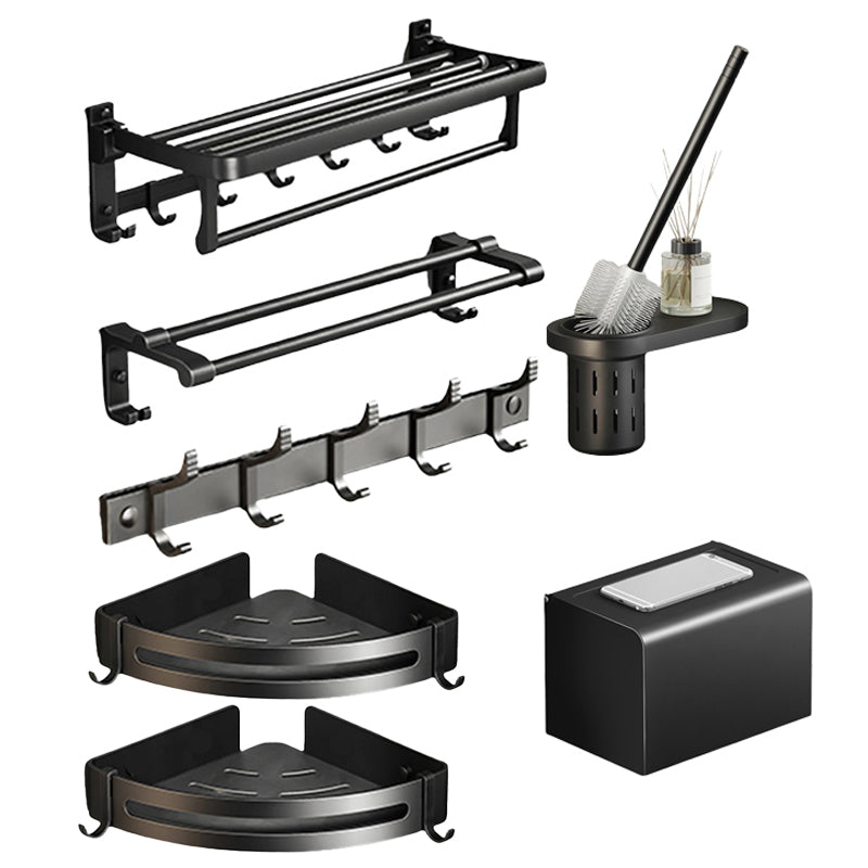 Contemporary Black Finish Bathroom Accessory Set with Bath Shelf/Towel Bar Vertical Bar 7-Piece Set Clearhalo 'Bathroom Hardware Sets' 'Bathroom Hardware' 'Bathroom Remodel & Bathroom Fixtures' 'bathroom_hardware_sets' 'Home Improvement' 'home_improvement' 'home_improvement_bathroom_hardware_sets' 6550704