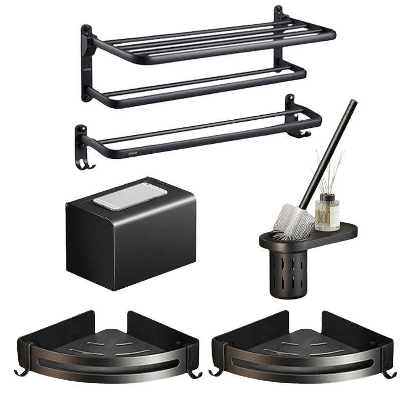 Contemporary Black Finish Bathroom Accessory Set with Bath Shelf/Towel Bar Horizontal Bar 6-Piece Set Clearhalo 'Bathroom Hardware Sets' 'Bathroom Hardware' 'Bathroom Remodel & Bathroom Fixtures' 'bathroom_hardware_sets' 'Home Improvement' 'home_improvement' 'home_improvement_bathroom_hardware_sets' 6550705