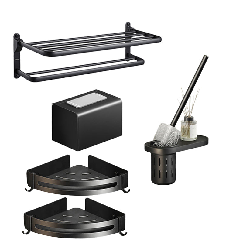 Contemporary Black Finish Bathroom Accessory Set with Bath Shelf/Towel Bar Horizontal Bar 5-Piece Set Clearhalo 'Bathroom Hardware Sets' 'Bathroom Hardware' 'Bathroom Remodel & Bathroom Fixtures' 'bathroom_hardware_sets' 'Home Improvement' 'home_improvement' 'home_improvement_bathroom_hardware_sets' 6550707