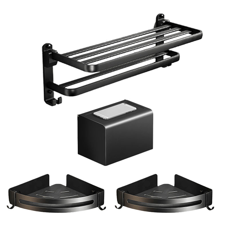 Contemporary Black Finish Bathroom Accessory Set with Bath Shelf/Towel Bar Horizontal with Hook 4-Piece Set (Toilet Paper Holder) Clearhalo 'Bathroom Hardware Sets' 'Bathroom Hardware' 'Bathroom Remodel & Bathroom Fixtures' 'bathroom_hardware_sets' 'Home Improvement' 'home_improvement' 'home_improvement_bathroom_hardware_sets' 6550709