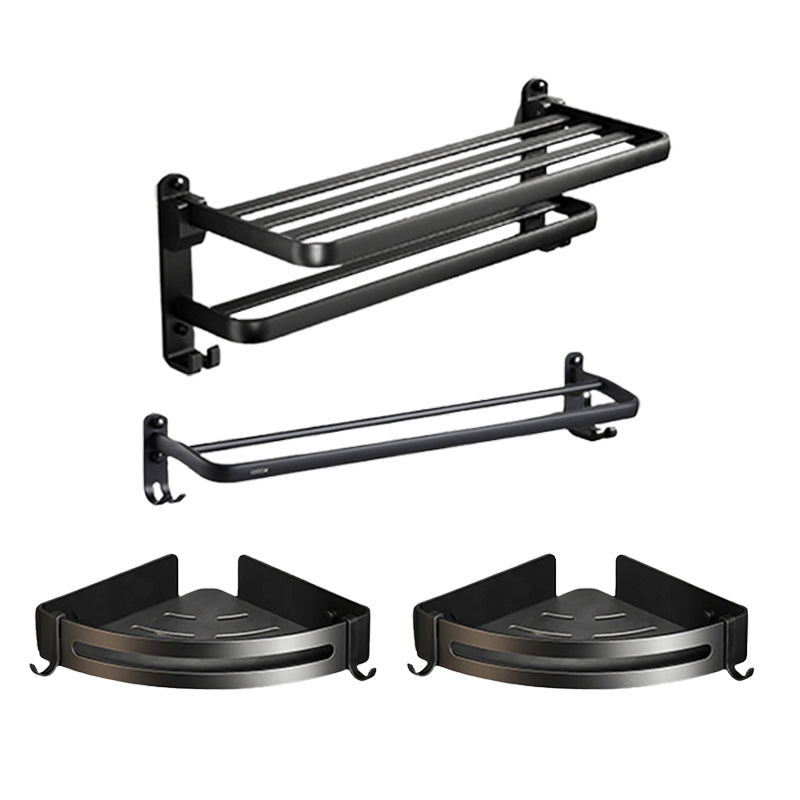 Contemporary Black Finish Bathroom Accessory Set with Bath Shelf/Towel Bar Horizontal with Hook 4-Piece Set (Towel Bar) Clearhalo 'Bathroom Hardware Sets' 'Bathroom Hardware' 'Bathroom Remodel & Bathroom Fixtures' 'bathroom_hardware_sets' 'Home Improvement' 'home_improvement' 'home_improvement_bathroom_hardware_sets' 6550710