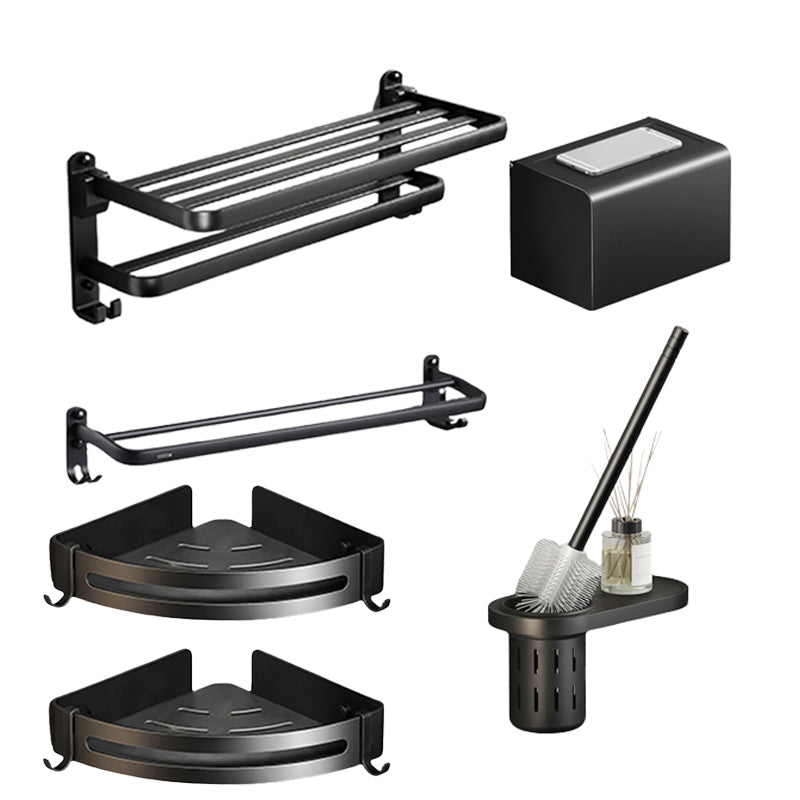 Contemporary Black Finish Bathroom Accessory Set with Bath Shelf/Towel Bar Horizontal Bar with Hook 6-Piece Set Clearhalo 'Bathroom Hardware Sets' 'Bathroom Hardware' 'Bathroom Remodel & Bathroom Fixtures' 'bathroom_hardware_sets' 'Home Improvement' 'home_improvement' 'home_improvement_bathroom_hardware_sets' 6550712