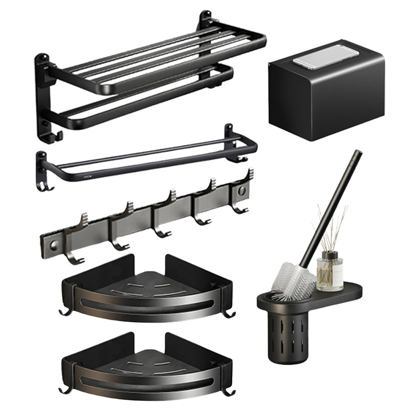 Contemporary Black Finish Bathroom Accessory Set with Bath Shelf/Towel Bar Horizontal Bar with Hook7-Piece Set Clearhalo 'Bathroom Hardware Sets' 'Bathroom Hardware' 'Bathroom Remodel & Bathroom Fixtures' 'bathroom_hardware_sets' 'Home Improvement' 'home_improvement' 'home_improvement_bathroom_hardware_sets' 6550713