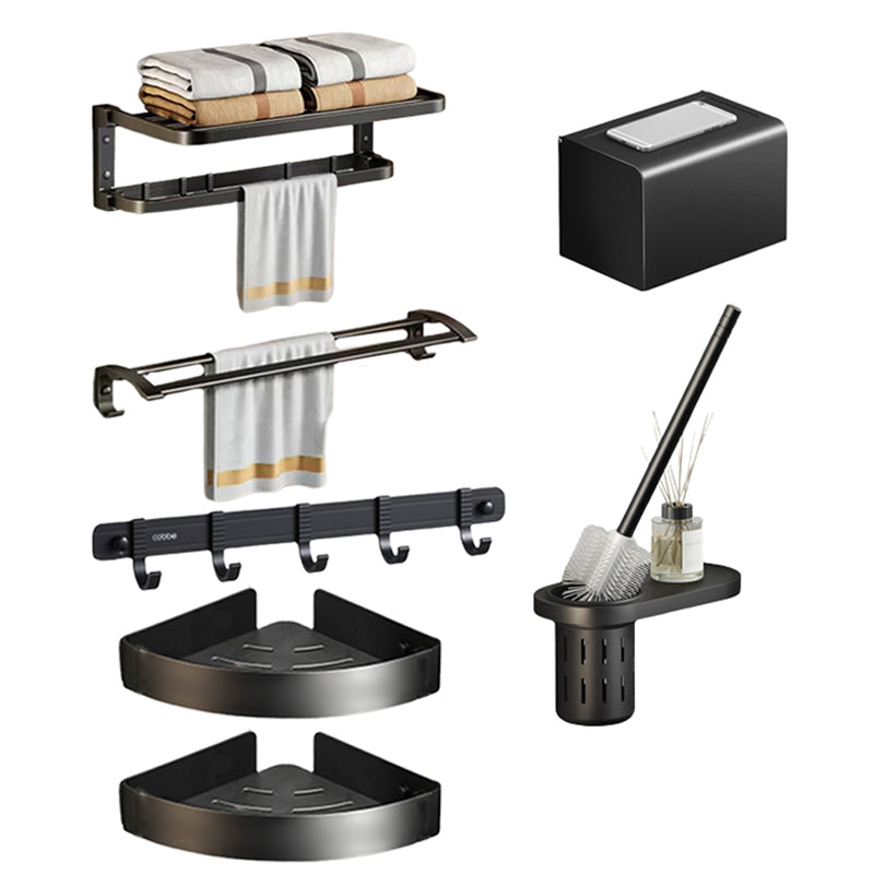 Contemporary Black Finish Bathroom Accessory Set with Bath Shelf/Towel Bar Horizontal Bar Foldable 7-Piece Set Clearhalo 'Bathroom Hardware Sets' 'Bathroom Hardware' 'Bathroom Remodel & Bathroom Fixtures' 'bathroom_hardware_sets' 'Home Improvement' 'home_improvement' 'home_improvement_bathroom_hardware_sets' 6550714