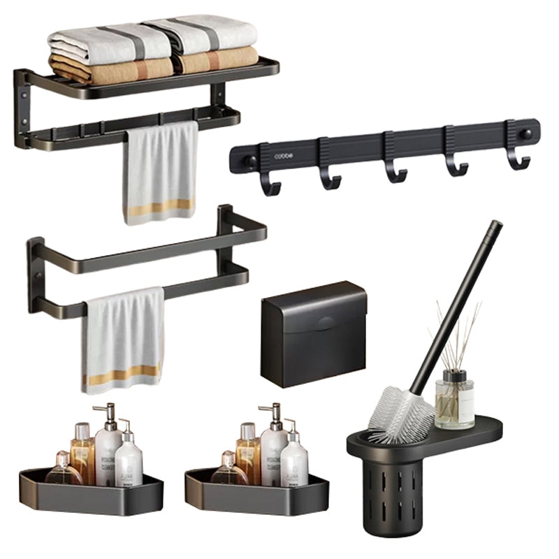 Contemporary Black Finish Bathroom Accessory Set with Bath Shelf/Towel Bar Horizontal 7-Piece Set (Double Layer Towel Bar) Clearhalo 'Bathroom Hardware Sets' 'Bathroom Hardware' 'Bathroom Remodel & Bathroom Fixtures' 'bathroom_hardware_sets' 'Home Improvement' 'home_improvement' 'home_improvement_bathroom_hardware_sets' 6550715