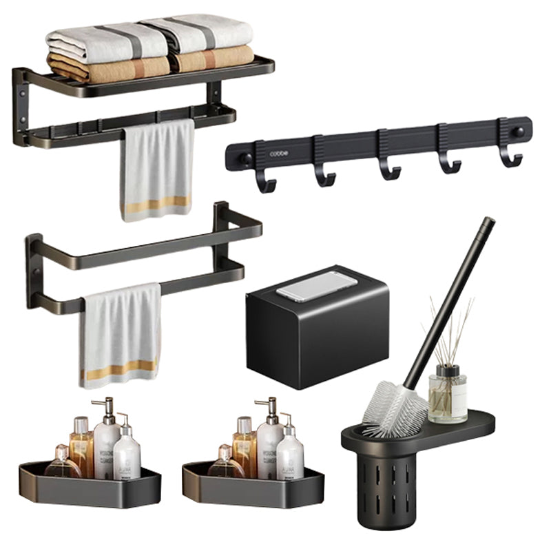 Contemporary Black Finish Bathroom Accessory Set with Bath Shelf/Towel Bar Solid Horizontal Bar 7-Piece Set Clearhalo 'Bathroom Hardware Sets' 'Bathroom Hardware' 'Bathroom Remodel & Bathroom Fixtures' 'bathroom_hardware_sets' 'Home Improvement' 'home_improvement' 'home_improvement_bathroom_hardware_sets' 6550716