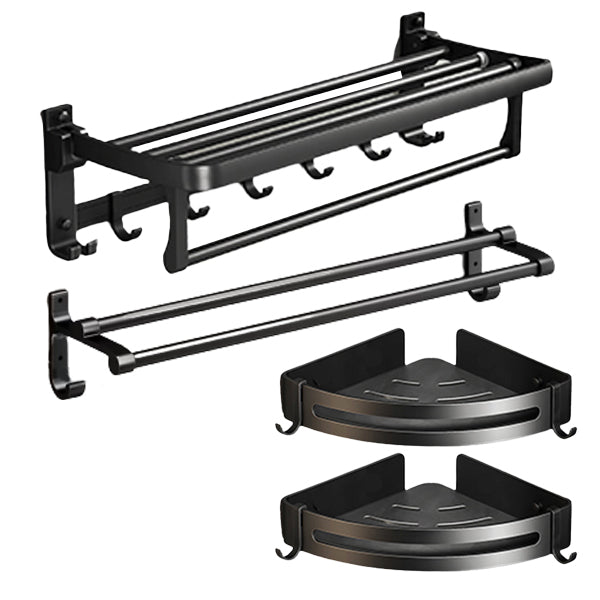 Classic Bath Hardware Set in Aluminum Black Finish Robe Hooks/ Towel Bar Vertical 4-Piece Set (Towel Bar) Clearhalo 'Bathroom Hardware Sets' 'Bathroom Hardware' 'Bathroom Remodel & Bathroom Fixtures' 'bathroom_hardware_sets' 'Home Improvement' 'home_improvement' 'home_improvement_bathroom_hardware_sets' 6550750