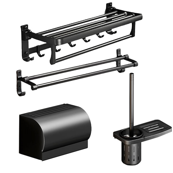 Classic Bath Hardware Set in Aluminum Black Finish Robe Hooks/ Towel Bar Vertical 4-Piece Set (Toilet Brush) Clearhalo 'Bathroom Hardware Sets' 'Bathroom Hardware' 'Bathroom Remodel & Bathroom Fixtures' 'bathroom_hardware_sets' 'Home Improvement' 'home_improvement' 'home_improvement_bathroom_hardware_sets' 6550754