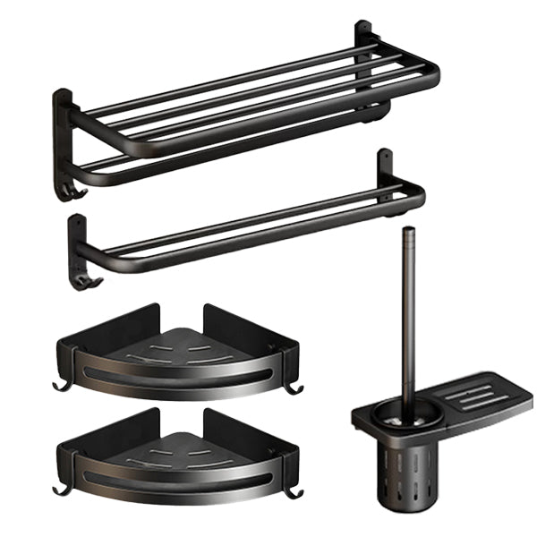 Classic Bath Hardware Set in Aluminum Black Finish Robe Hooks/ Towel Bar Horizontal 5-Piece Set (Towel Bar) Clearhalo 'Bathroom Hardware Sets' 'Bathroom Hardware' 'Bathroom Remodel & Bathroom Fixtures' 'bathroom_hardware_sets' 'Home Improvement' 'home_improvement' 'home_improvement_bathroom_hardware_sets' 6550755