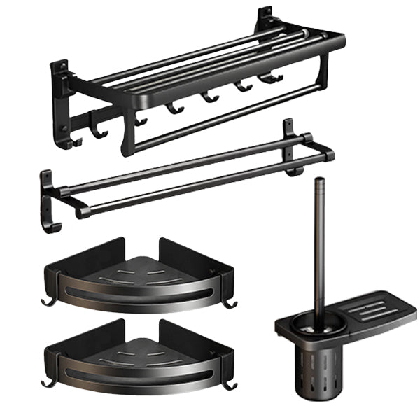 Classic Bath Hardware Set in Aluminum Black Finish Robe Hooks/ Towel Bar Vertical 5-Piece Set (Towel Bar) Clearhalo 'Bathroom Hardware Sets' 'Bathroom Hardware' 'Bathroom Remodel & Bathroom Fixtures' 'bathroom_hardware_sets' 'Home Improvement' 'home_improvement' 'home_improvement_bathroom_hardware_sets' 6550758