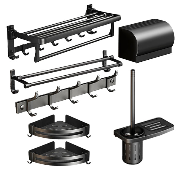 Classic Bath Hardware Set in Aluminum Black Finish Robe Hooks/ Towel Bar Vertical Bar 7-Piece Set Clearhalo 'Bathroom Hardware Sets' 'Bathroom Hardware' 'Bathroom Remodel & Bathroom Fixtures' 'bathroom_hardware_sets' 'Home Improvement' 'home_improvement' 'home_improvement_bathroom_hardware_sets' 6550761