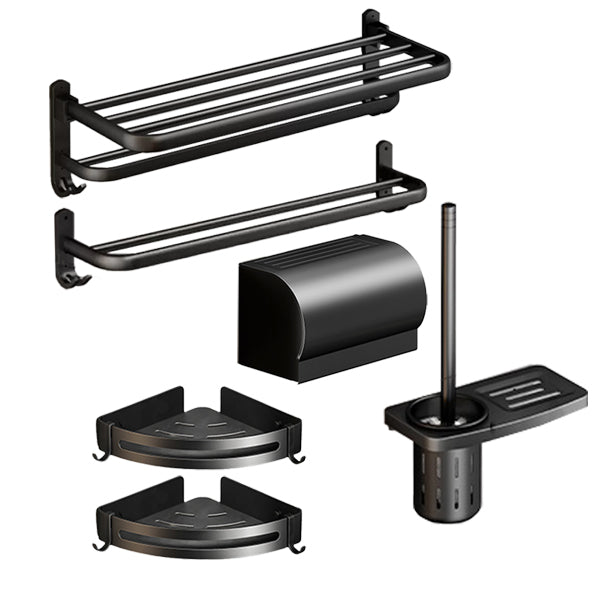 Classic Bath Hardware Set in Aluminum Black Finish Robe Hooks/ Towel Bar Horizontal Bar 6-Piece Set Clearhalo 'Bathroom Hardware Sets' 'Bathroom Hardware' 'Bathroom Remodel & Bathroom Fixtures' 'bathroom_hardware_sets' 'Home Improvement' 'home_improvement' 'home_improvement_bathroom_hardware_sets' 6550762