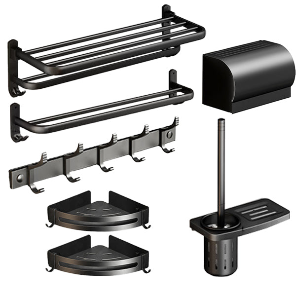 Classic Bath Hardware Set in Aluminum Black Finish Robe Hooks/ Towel Bar Horizontal Bar 7-Piece Set Clearhalo 'Bathroom Hardware Sets' 'Bathroom Hardware' 'Bathroom Remodel & Bathroom Fixtures' 'bathroom_hardware_sets' 'Home Improvement' 'home_improvement' 'home_improvement_bathroom_hardware_sets' 6550763