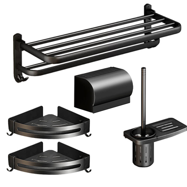 Classic Bath Hardware Set in Aluminum Black Finish Robe Hooks/ Towel Bar Horizontal 5-Piece (Toilet Paper Holder) Clearhalo 'Bathroom Hardware Sets' 'Bathroom Hardware' 'Bathroom Remodel & Bathroom Fixtures' 'bathroom_hardware_sets' 'Home Improvement' 'home_improvement' 'home_improvement_bathroom_hardware_sets' 6550768