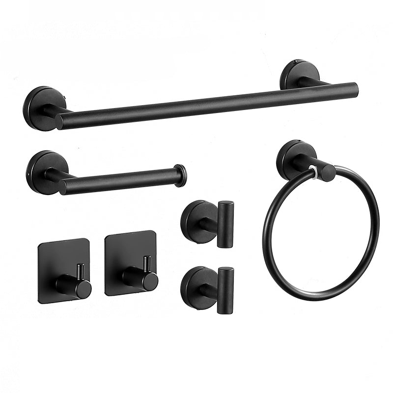 Modern Stainless Steel Bathroom Hardware Set Brushed Chrome Towel Bar/Ring & Robe Hooks Black 7-Piece Set Clearhalo 'Bathroom Hardware Sets' 'Bathroom Hardware' 'Bathroom Remodel & Bathroom Fixtures' 'bathroom_hardware_sets' 'Home Improvement' 'home_improvement' 'home_improvement_bathroom_hardware_sets' 6550803