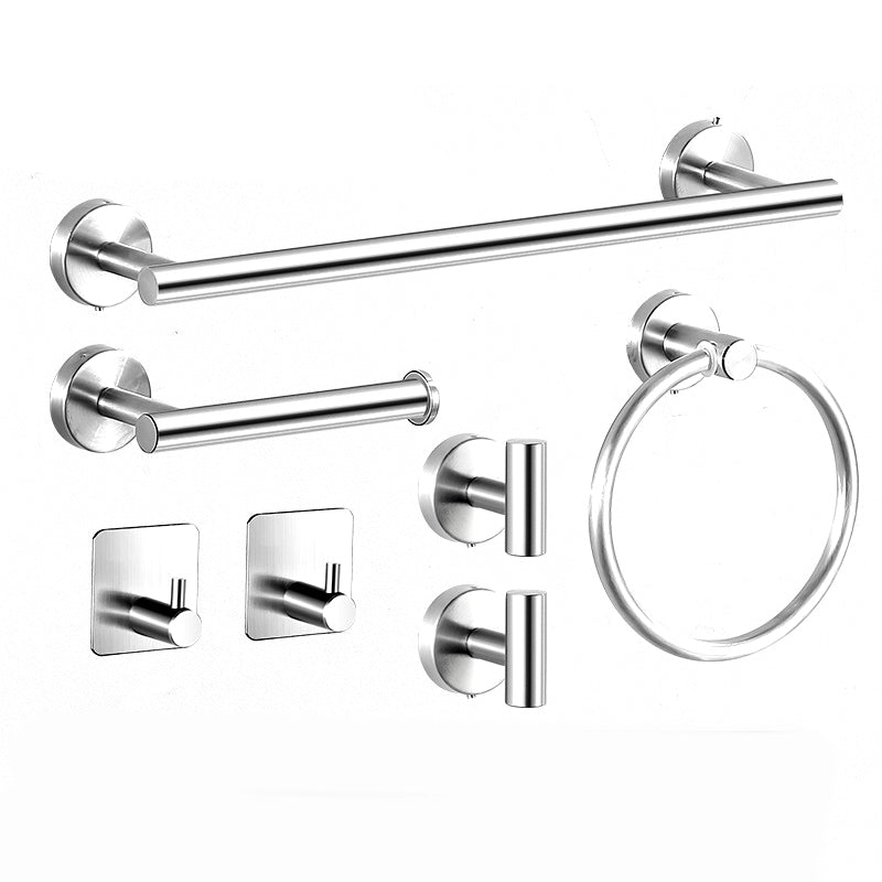 Modern Stainless Steel Bathroom Hardware Set Brushed Chrome Towel Bar/Ring & Robe Hooks Silver 7-Piece Set Clearhalo 'Bathroom Hardware Sets' 'Bathroom Hardware' 'Bathroom Remodel & Bathroom Fixtures' 'bathroom_hardware_sets' 'Home Improvement' 'home_improvement' 'home_improvement_bathroom_hardware_sets' 6550805