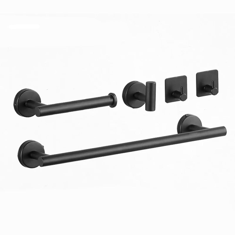 Modern Stainless Steel Bathroom Hardware Set Brushed Chrome Towel Bar/Ring & Robe Hooks Black 5 piece Set Clearhalo 'Bathroom Hardware Sets' 'Bathroom Hardware' 'Bathroom Remodel & Bathroom Fixtures' 'bathroom_hardware_sets' 'Home Improvement' 'home_improvement' 'home_improvement_bathroom_hardware_sets' 6550807