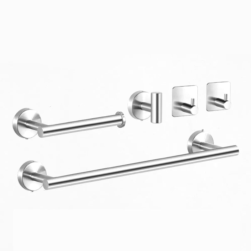 Modern Stainless Steel Bathroom Hardware Set Brushed Chrome Towel Bar/Ring & Robe Hooks Silver 5 piece Set Clearhalo 'Bathroom Hardware Sets' 'Bathroom Hardware' 'Bathroom Remodel & Bathroom Fixtures' 'bathroom_hardware_sets' 'Home Improvement' 'home_improvement' 'home_improvement_bathroom_hardware_sets' 6550809