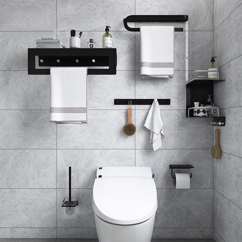 Black 6-Piece Bathroom Accessory Set Modern Shower Curtain Rod / Robe Hook and Towel Bar Clearhalo 'Bathroom Hardware Sets' 'Bathroom Hardware' 'Bathroom Remodel & Bathroom Fixtures' 'bathroom_hardware_sets' 'Home Improvement' 'home_improvement' 'home_improvement_bathroom_hardware_sets' 6550873