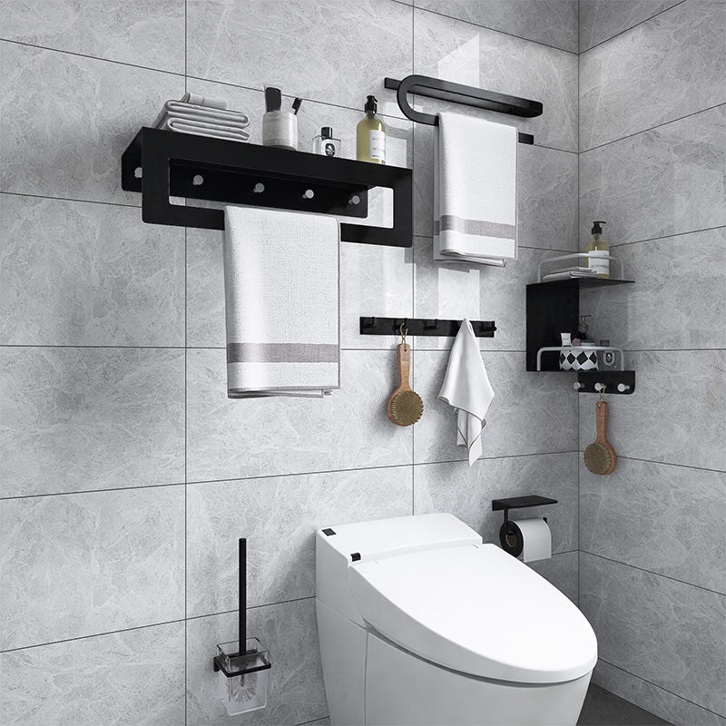 Black 6-Piece Bathroom Accessory Set Modern Shower Curtain Rod / Robe Hook and Towel Bar Clearhalo 'Bathroom Hardware Sets' 'Bathroom Hardware' 'Bathroom Remodel & Bathroom Fixtures' 'bathroom_hardware_sets' 'Home Improvement' 'home_improvement' 'home_improvement_bathroom_hardware_sets' 6550876