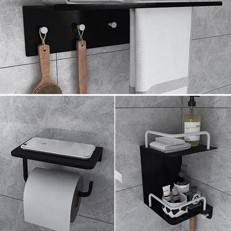 Black 6-Piece Bathroom Accessory Set Modern Shower Curtain Rod / Robe Hook and Towel Bar Towel Rack with Bath Shelf and Toilet Paper Holder Clearhalo 'Bathroom Hardware Sets' 'Bathroom Hardware' 'Bathroom Remodel & Bathroom Fixtures' 'bathroom_hardware_sets' 'Home Improvement' 'home_improvement' 'home_improvement_bathroom_hardware_sets' 6550881