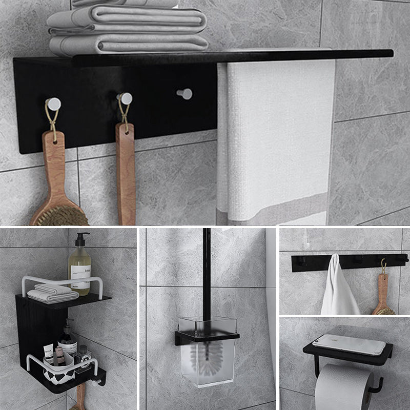 Black 6-Piece Bathroom Accessory Set Modern Shower Curtain Rod / Robe Hook and Towel Bar 5-Piece Set (Single Layer Towel Rack) Clearhalo 'Bathroom Hardware Sets' 'Bathroom Hardware' 'Bathroom Remodel & Bathroom Fixtures' 'bathroom_hardware_sets' 'Home Improvement' 'home_improvement' 'home_improvement_bathroom_hardware_sets' 6550898