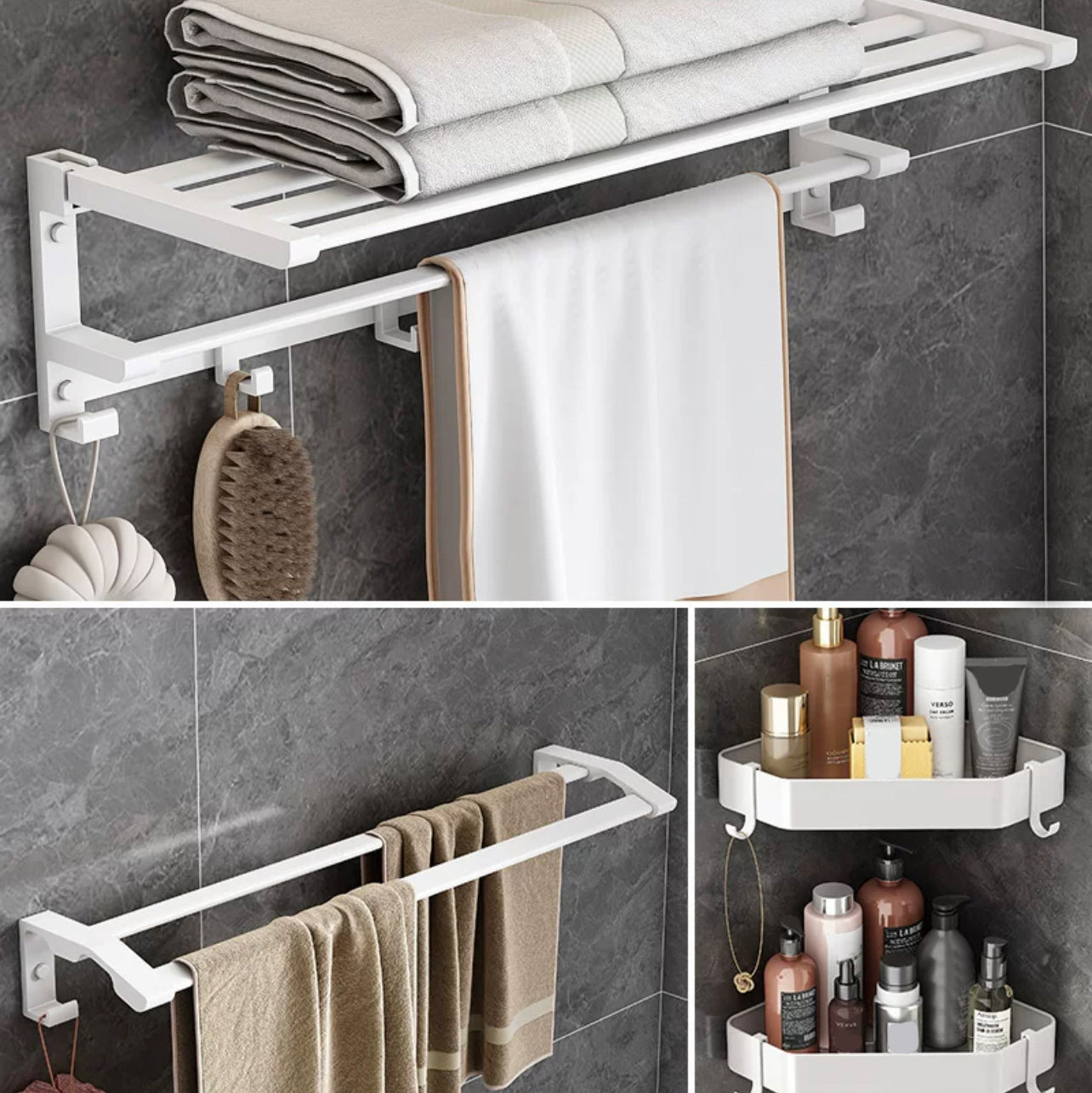 Modern White Bathroom Hardware Set Towel Bar Bath Shelf Bath Hardware Set 4-Piece Set (Double Deck Shelves) Clearhalo 'Bathroom Hardware Sets' 'Bathroom Hardware' 'Bathroom Remodel & Bathroom Fixtures' 'bathroom_hardware_sets' 'Home Improvement' 'home_improvement' 'home_improvement_bathroom_hardware_sets' 6550938