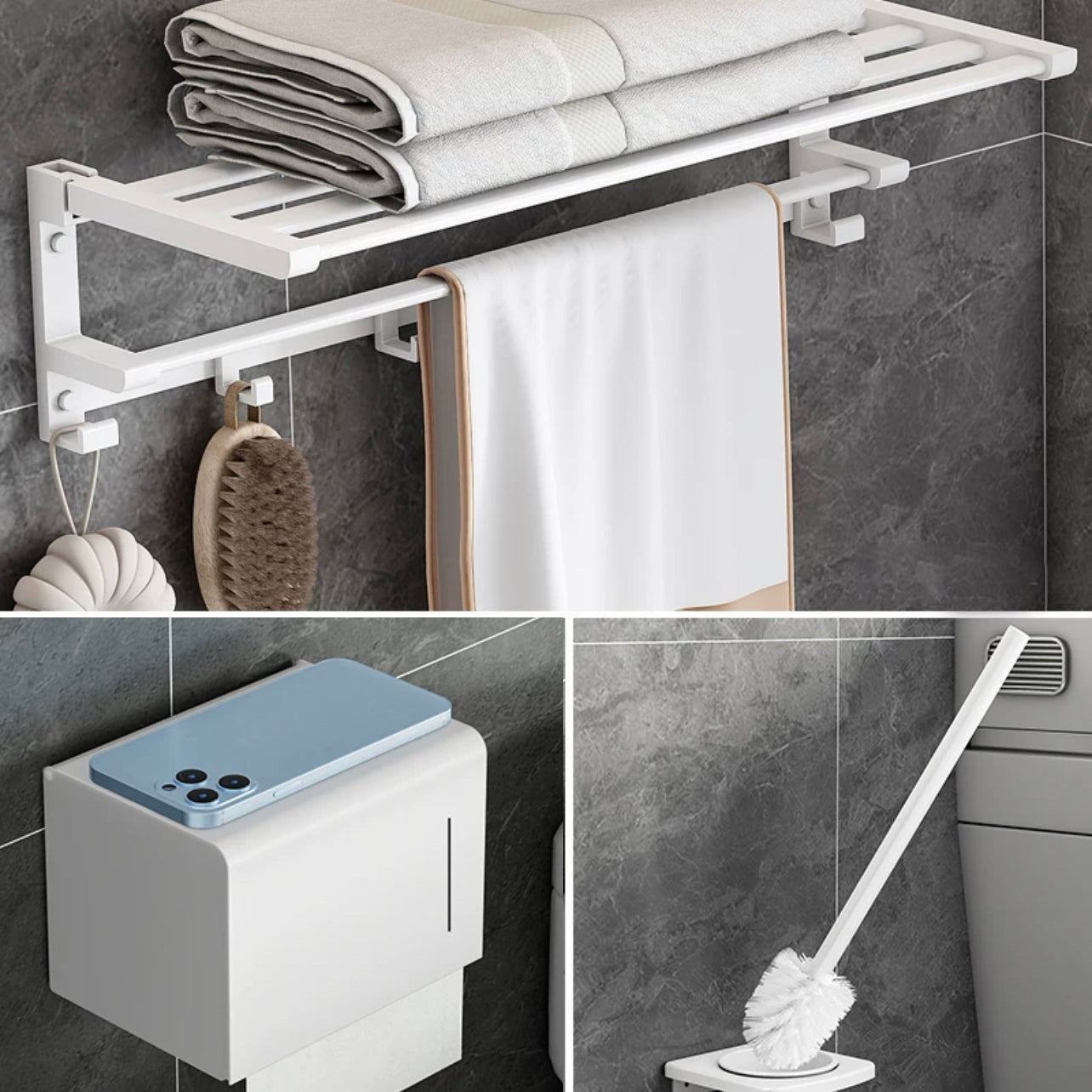 Modern White Bathroom Hardware Set Towel Bar Bath Shelf Bath Hardware Set 3-Piece Set (Toilet Brush) Clearhalo 'Bathroom Hardware Sets' 'Bathroom Hardware' 'Bathroom Remodel & Bathroom Fixtures' 'bathroom_hardware_sets' 'Home Improvement' 'home_improvement' 'home_improvement_bathroom_hardware_sets' 6550947