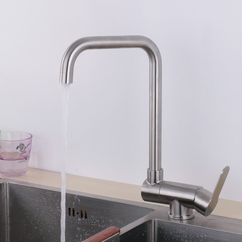 Modern Bar Faucet 1-Handle in Silver Kitchen Faucet with Supply Lines Clearhalo 'Home Improvement' 'home_improvement' 'home_improvement_kitchen_faucets' 'Kitchen Faucets' 'Kitchen Remodel & Kitchen Fixtures' 'Kitchen Sinks & Faucet Components' 'kitchen_faucets' 6558291