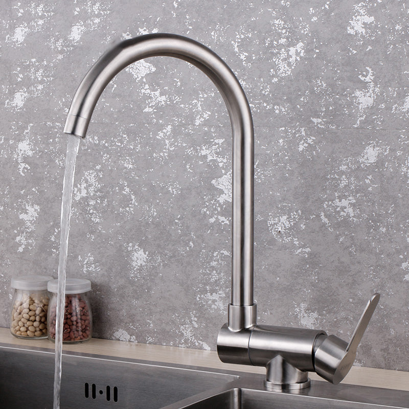 Modern Bar Faucet 1-Handle in Silver Kitchen Faucet with Supply Lines Gooseneck Clearhalo 'Home Improvement' 'home_improvement' 'home_improvement_kitchen_faucets' 'Kitchen Faucets' 'Kitchen Remodel & Kitchen Fixtures' 'Kitchen Sinks & Faucet Components' 'kitchen_faucets' 6558292