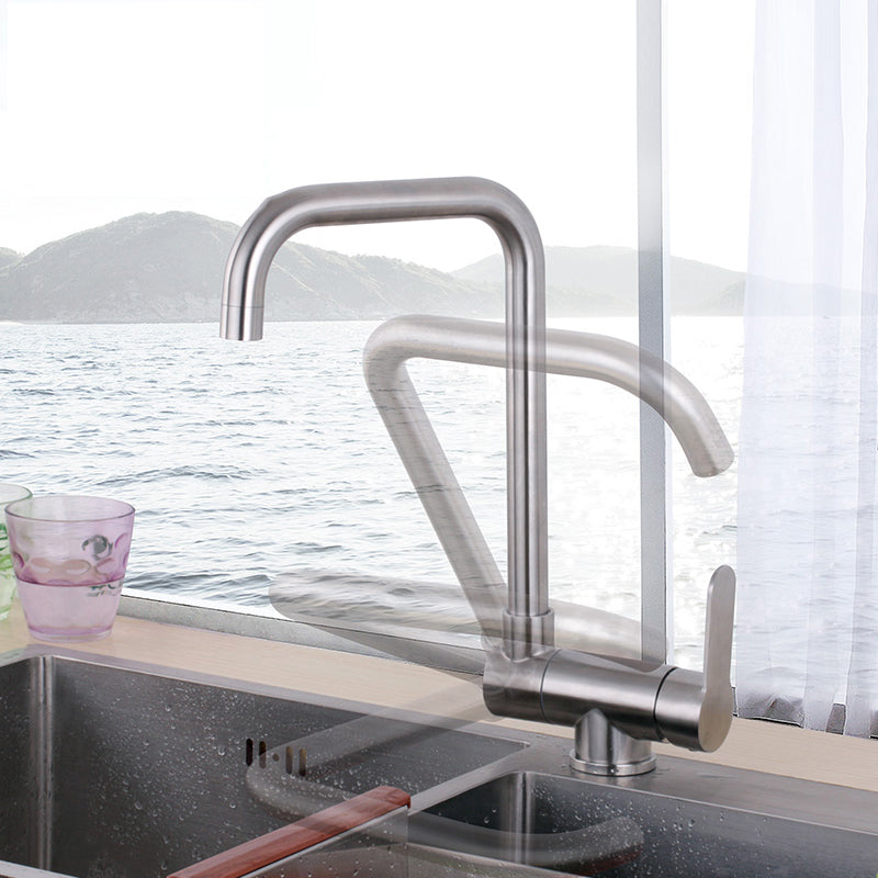 Modern Bar Faucet 1-Handle in Silver Kitchen Faucet with Supply Lines Clearhalo 'Home Improvement' 'home_improvement' 'home_improvement_kitchen_faucets' 'Kitchen Faucets' 'Kitchen Remodel & Kitchen Fixtures' 'Kitchen Sinks & Faucet Components' 'kitchen_faucets' 6558294
