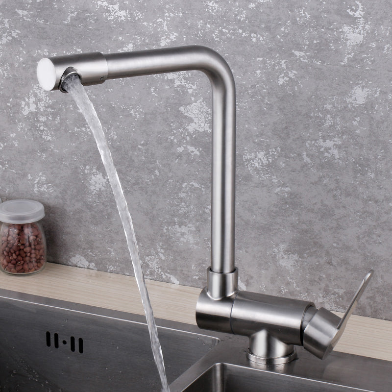 Modern Bar Faucet 1-Handle in Silver Kitchen Faucet with Supply Lines 7 Shape Clearhalo 'Home Improvement' 'home_improvement' 'home_improvement_kitchen_faucets' 'Kitchen Faucets' 'Kitchen Remodel & Kitchen Fixtures' 'Kitchen Sinks & Faucet Components' 'kitchen_faucets' 6558295