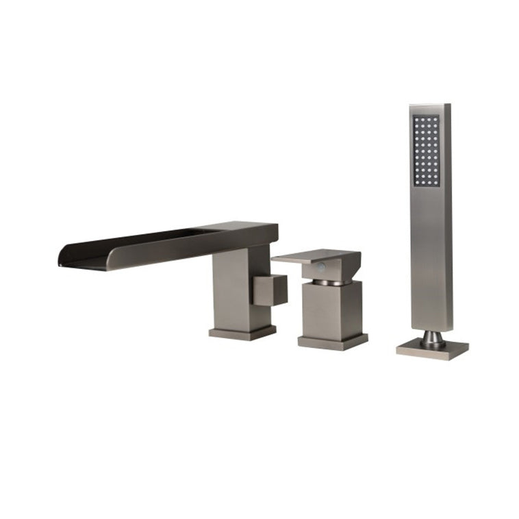 Modern Deck Mounted Metal Freestanding Tub Filler Waterfall Freestanding Faucet Gun Grey 3 Hole Faucets Clearhalo 'Bathroom Remodel & Bathroom Fixtures' 'Bathtub Faucets' 'bathtub_faucets' 'Home Improvement' 'home_improvement' 'home_improvement_bathtub_faucets' 6558414