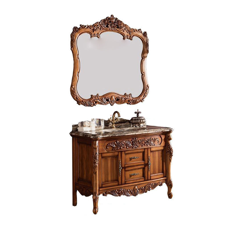 Freestanding Bathroom Vanity Set 2 Doors Single Sink Glam Drawers Vanity with Mirror Vanity & Faucet & Mirrors 31.5"L x 22.8"W x 33.5"H Brown Clearhalo 'Bathroom Remodel & Bathroom Fixtures' 'Bathroom Vanities' 'bathroom_vanities' 'Home Improvement' 'home_improvement' 'home_improvement_bathroom_vanities' 6558956