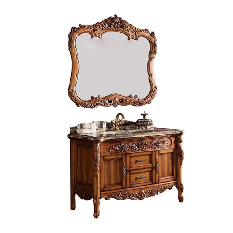 Freestanding Bathroom Vanity Set 2 Doors Single Sink Glam Drawers Vanity with Mirror Vanity & Faucet & Mirrors 39.4"L x 22.8"W x 33.5"H Brown Clearhalo 'Bathroom Remodel & Bathroom Fixtures' 'Bathroom Vanities' 'bathroom_vanities' 'Home Improvement' 'home_improvement' 'home_improvement_bathroom_vanities' 6558959