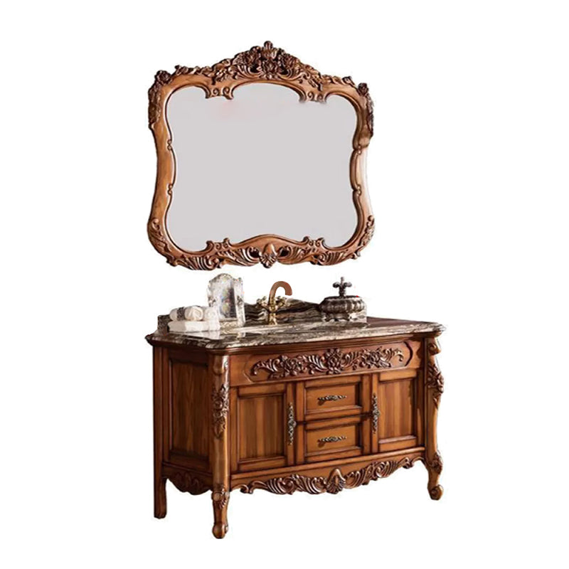 Freestanding Bathroom Vanity Set 2 Doors Single Sink Glam Drawers Vanity with Mirror Vanity & Faucet & Mirrors 43.3"L x 22.8"W x 33.5"H Brown Clearhalo 'Bathroom Remodel & Bathroom Fixtures' 'Bathroom Vanities' 'bathroom_vanities' 'Home Improvement' 'home_improvement' 'home_improvement_bathroom_vanities' 6558961