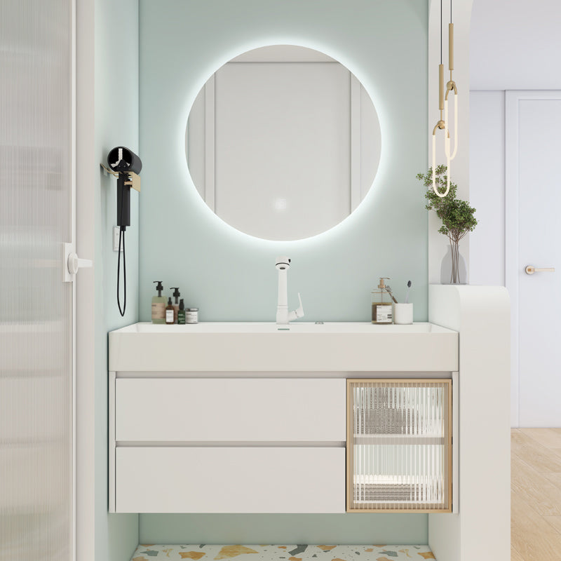 White Bathroom Vanity Mirror Rectangle Single Sink Wall Mount 2 Drawers Vanity with Door Vanity & Faucet & Round Mirror Clearhalo 'Bathroom Remodel & Bathroom Fixtures' 'Bathroom Vanities' 'bathroom_vanities' 'Home Improvement' 'home_improvement' 'home_improvement_bathroom_vanities' 6559026