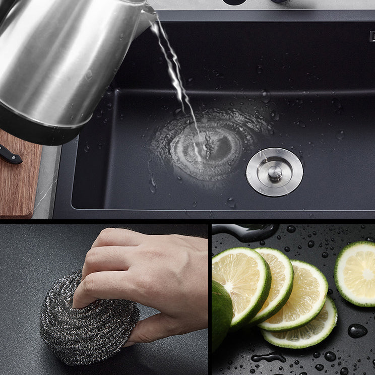 Black Quartz Kitchen Sink Drop-In Single Bowl Sink with Basket Strainer Clearhalo 'Home Improvement' 'home_improvement' 'home_improvement_kitchen_sinks' 'Kitchen Remodel & Kitchen Fixtures' 'Kitchen Sinks & Faucet Components' 'Kitchen Sinks' 'kitchen_sinks' 6559141