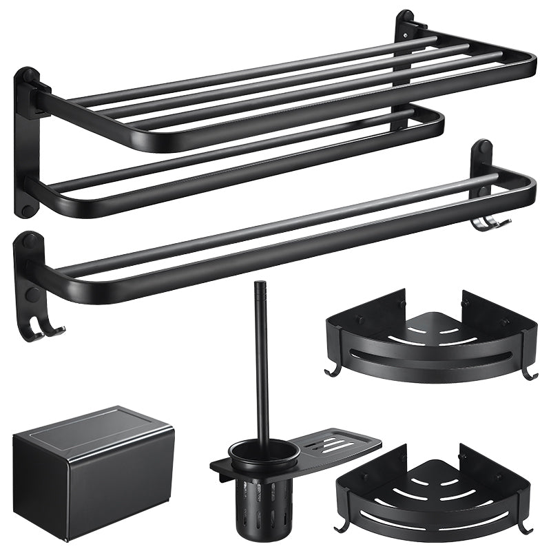 Modern Classic Bath Hardware Set Matte Black Robe Hooks/Towel Bar & Bath Shelf 6-Piece Set Clearhalo 'Bathroom Hardware Sets' 'Bathroom Hardware' 'Bathroom Remodel & Bathroom Fixtures' 'bathroom_hardware_sets' 'Home Improvement' 'home_improvement' 'home_improvement_bathroom_hardware_sets' 6567088