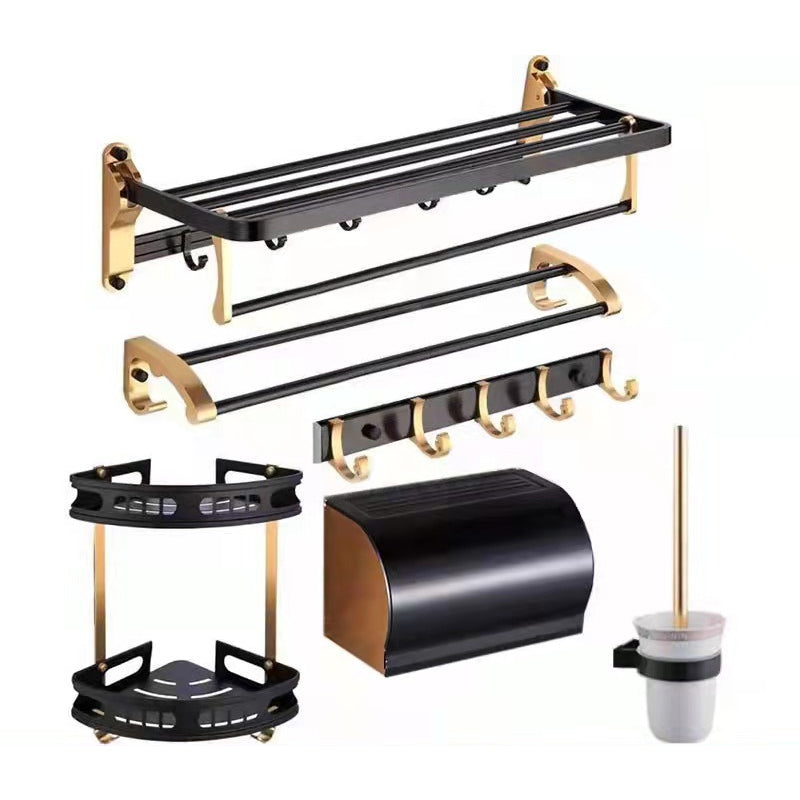 Modern Bathroom Hardware Set Bath Shelf Paper Holder Bathroom Accessory Kit Black/ Gold 6-Piece Set (Double Rods) Clearhalo 'Bathroom Hardware Sets' 'Bathroom Hardware' 'Bathroom Remodel & Bathroom Fixtures' 'bathroom_hardware_sets' 'Home Improvement' 'home_improvement' 'home_improvement_bathroom_hardware_sets' 6568360