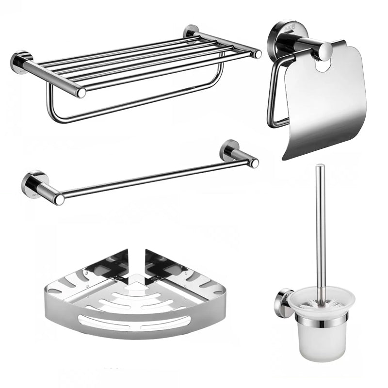 Modern Bathroom Hardware Bath Shelf Towel Bar Stainless Steel Bathroom Accessory Kit 5-Piece Set (Single Rod) Clearhalo 'Bathroom Hardware Sets' 'Bathroom Hardware' 'Bathroom Remodel & Bathroom Fixtures' 'bathroom_hardware_sets' 'Home Improvement' 'home_improvement' 'home_improvement_bathroom_hardware_sets' 6568423