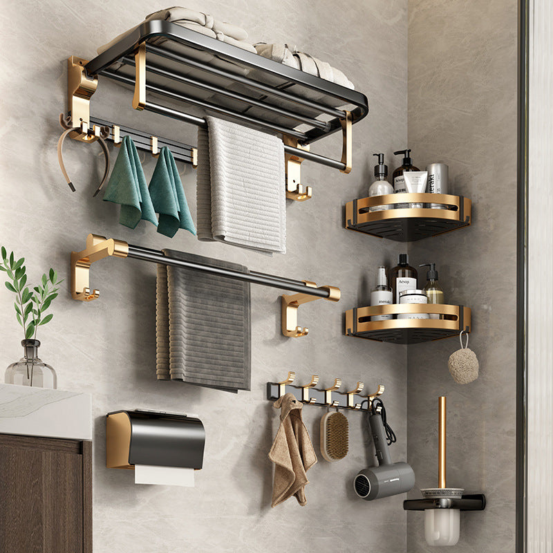 Modernism Bathroom Accessories Hardware Set Black & Golden Bath Shelf/Towel Bar Clearhalo 'Bathroom Hardware Sets' 'Bathroom Hardware' 'Bathroom Remodel & Bathroom Fixtures' 'bathroom_hardware_sets' 'Home Improvement' 'home_improvement' 'home_improvement_bathroom_hardware_sets' 6568488