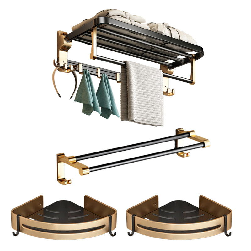 Modernism Bathroom Accessories Hardware Set Black & Golden Bath Shelf/Towel Bar 4-Piece Set Clearhalo 'Bathroom Hardware Sets' 'Bathroom Hardware' 'Bathroom Remodel & Bathroom Fixtures' 'bathroom_hardware_sets' 'Home Improvement' 'home_improvement' 'home_improvement_bathroom_hardware_sets' 6568501