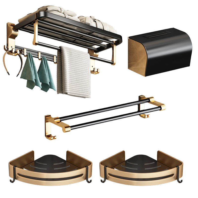 Modernism Bathroom Accessories Hardware Set Black & Golden Bath Shelf/Towel Bar 5 piece Set Clearhalo 'Bathroom Hardware Sets' 'Bathroom Hardware' 'Bathroom Remodel & Bathroom Fixtures' 'bathroom_hardware_sets' 'Home Improvement' 'home_improvement' 'home_improvement_bathroom_hardware_sets' 6568503