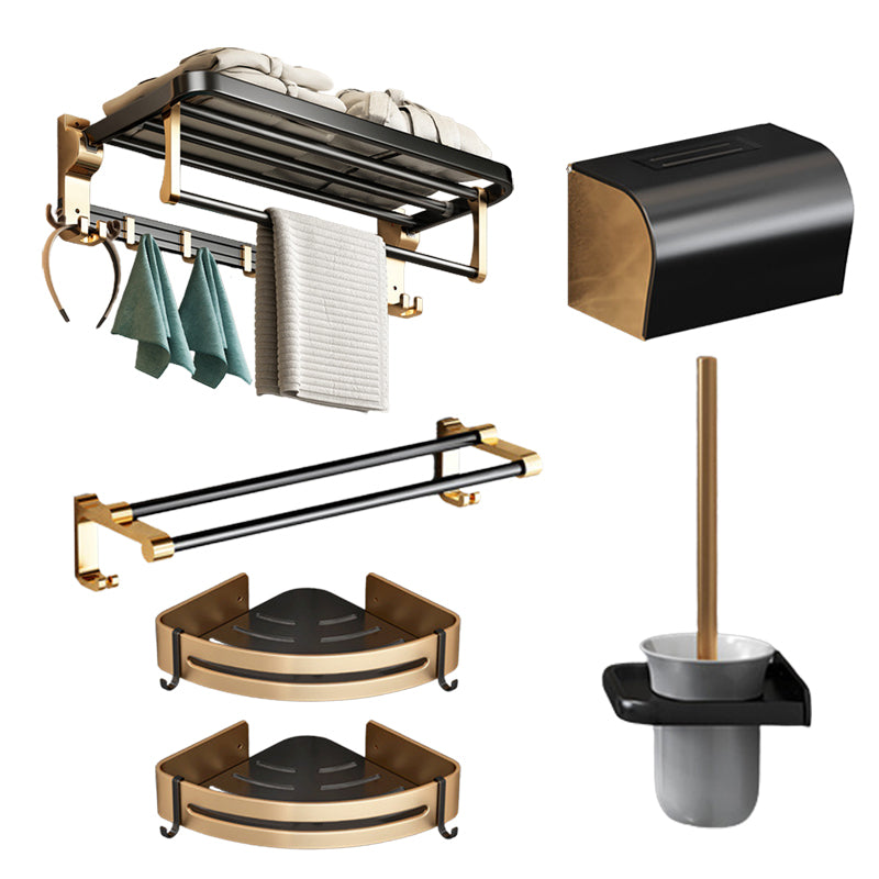 Modernism Bathroom Accessories Hardware Set Black & Golden Bath Shelf/Towel Bar 6-Piece Set Clearhalo 'Bathroom Hardware Sets' 'Bathroom Hardware' 'Bathroom Remodel & Bathroom Fixtures' 'bathroom_hardware_sets' 'Home Improvement' 'home_improvement' 'home_improvement_bathroom_hardware_sets' 6568505